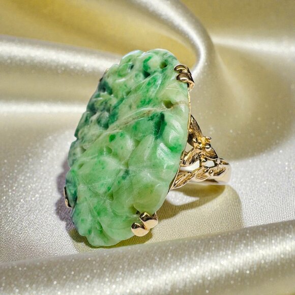 ANTIQUE- 14K Gold- Natural Nephrite Jade Ring -Size 5- Hand Carved - Art Nouveau - Picture 10 of 16